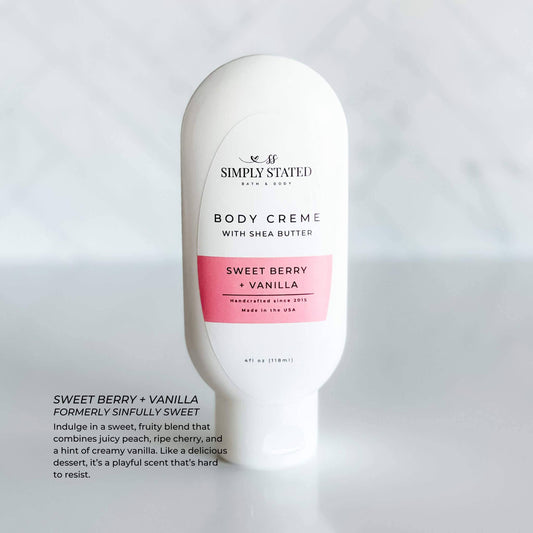 Signature Body Creme-Nourishing Lotion Moisturizer: Sweet Berry + Vanilla / 4 oz Squeeze Bottle