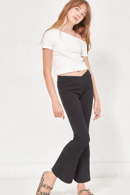 Crossover Waist Ribbed Flare Pants: Black