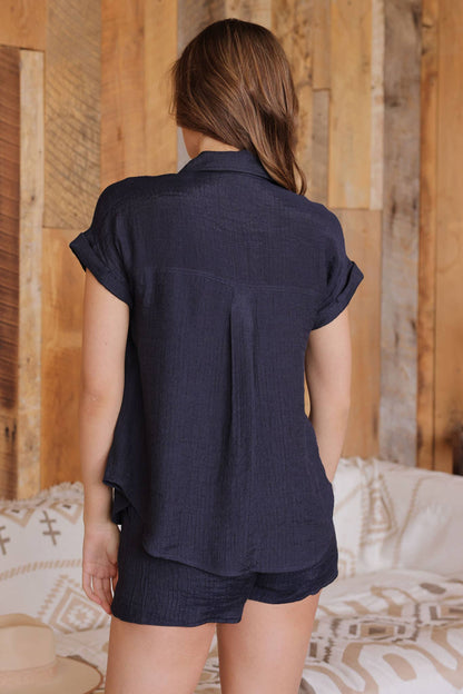 Crinkled Button Down Top: Navy