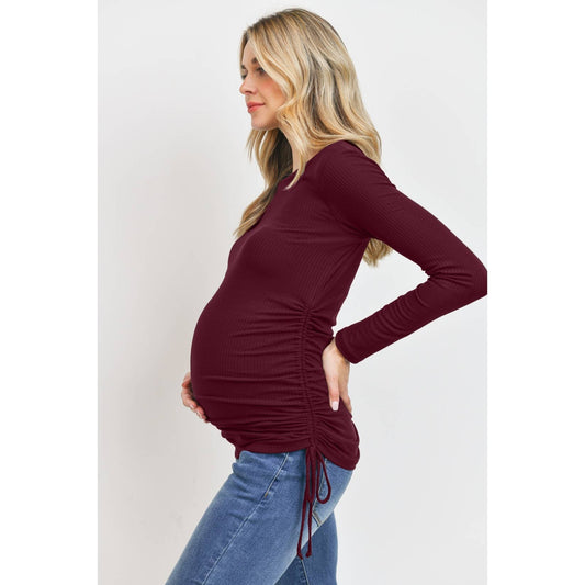 Long Sleeve Adjustable Ribbed Maternity Top: Burgundy
