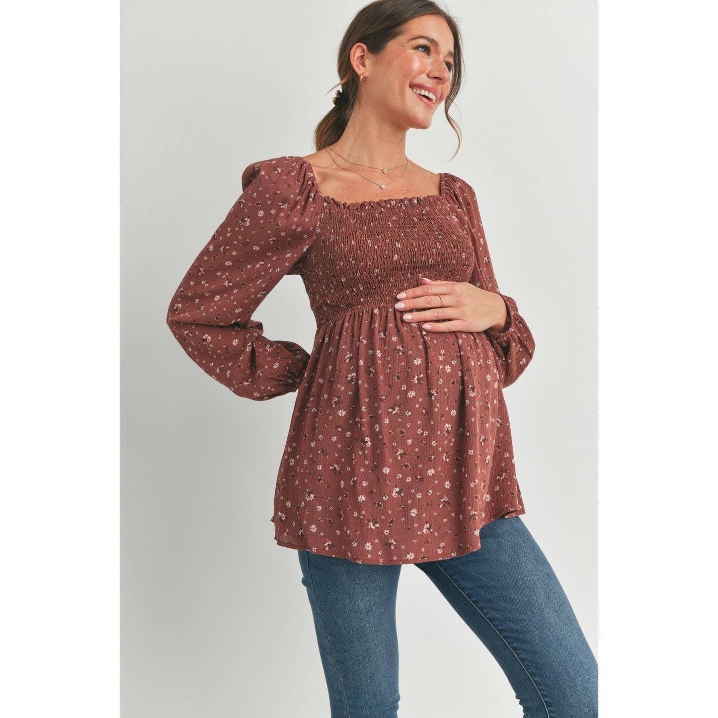Floral Print Smocked Maternity Blouse: Brown
