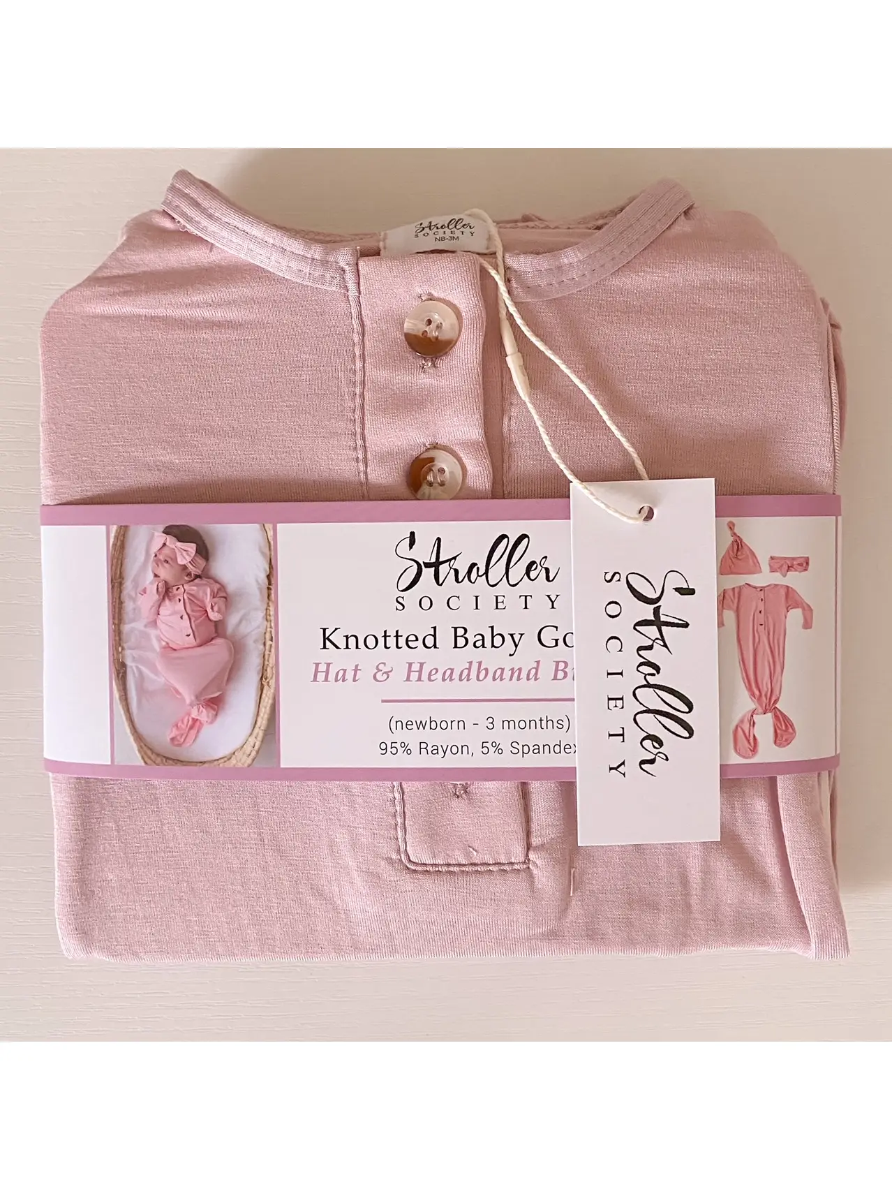 Knotted Baby Gown, Hat & Headband Set (NB - 3 mo) Dusty Rose