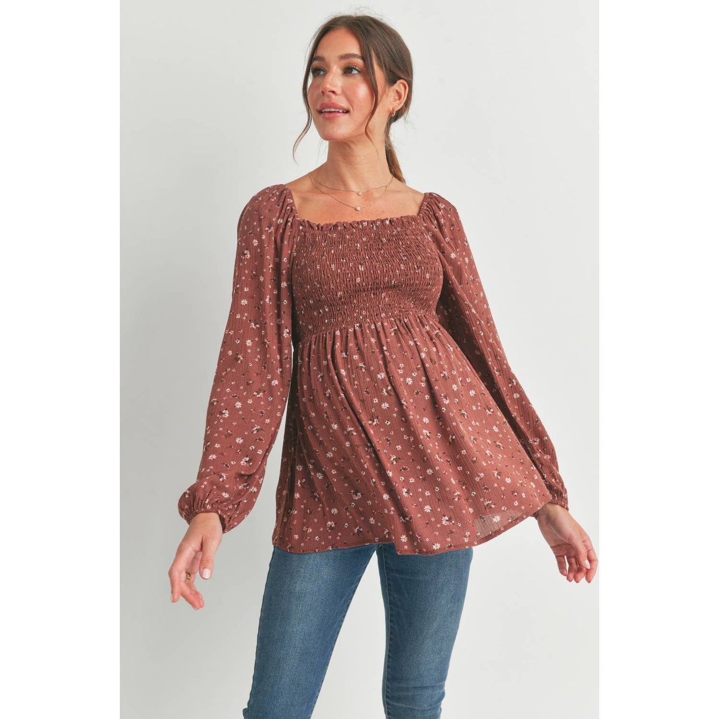 Floral Print Smocked Maternity Blouse: Brown