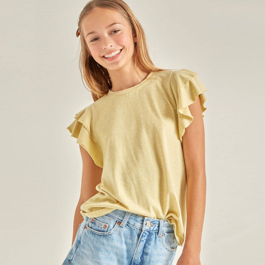 Tiered Flutter Sleeves Knit Top: Sunny Lime