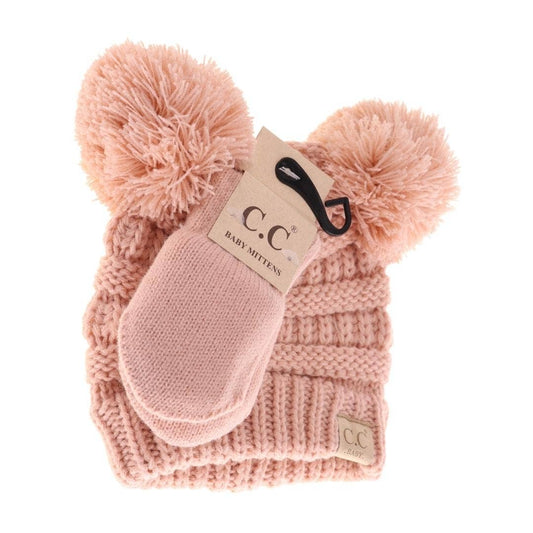 BABY Solid Knit Double Pom C.C Beanie with Mitten: Indie Pink