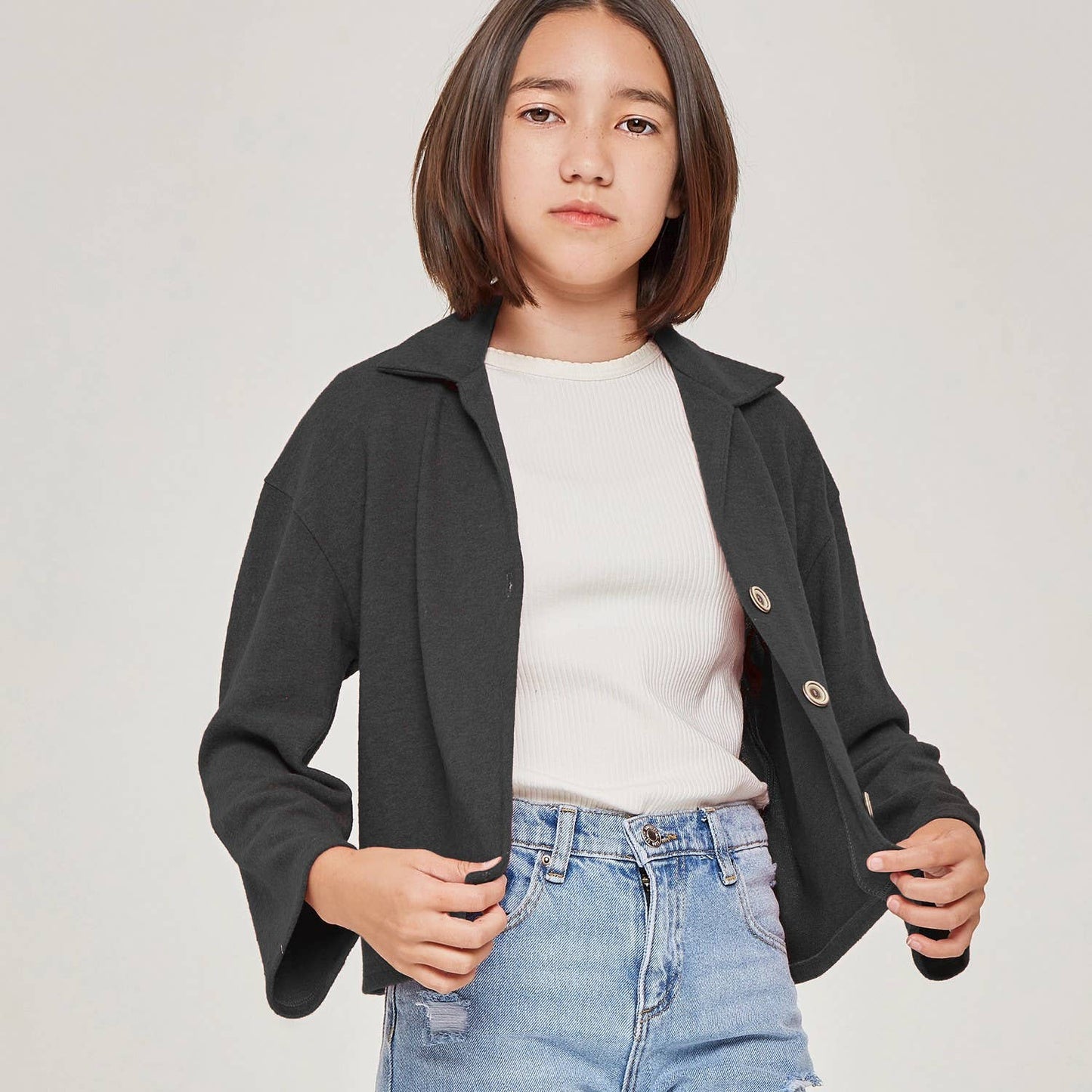 Solid Brush Knit Collar Button Cardigan: Charcoal