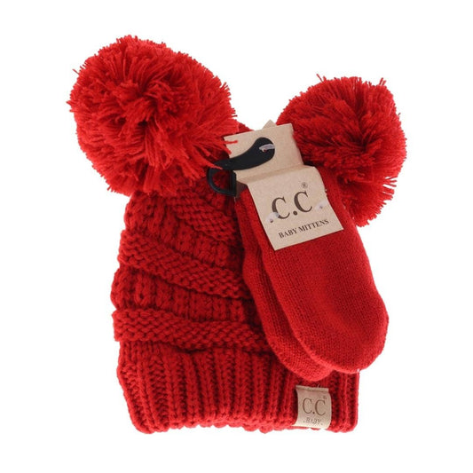 BABY Solid Knit Double Pom C.C Beanie with Mitten: Red (Bright)