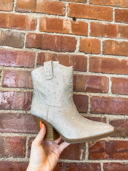 Betsey Rhinestone Ankle Bootie | Champagne