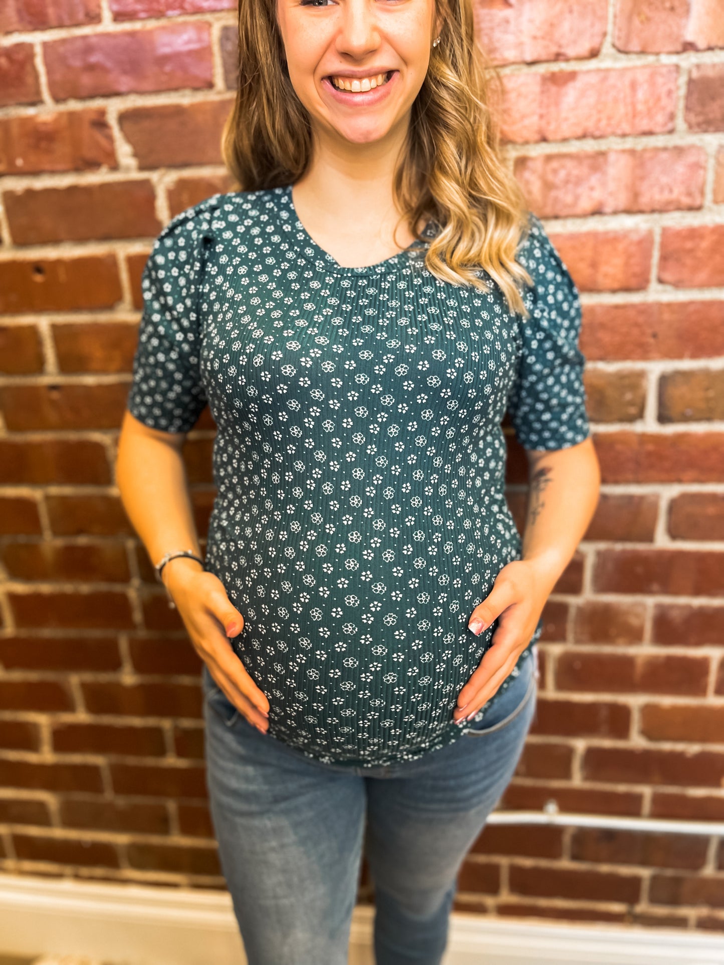 Teal Puff Sleeve Ribbed Maternity Top